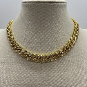 Pave Rhinestones Chunky Cable Chain Necklace 15.5” Gold Toned Snap Clasp